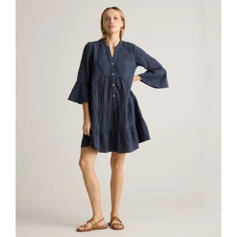 Quince Organic Cotton Gauze Tiered Mini Dress Indigo Blue Size Large
